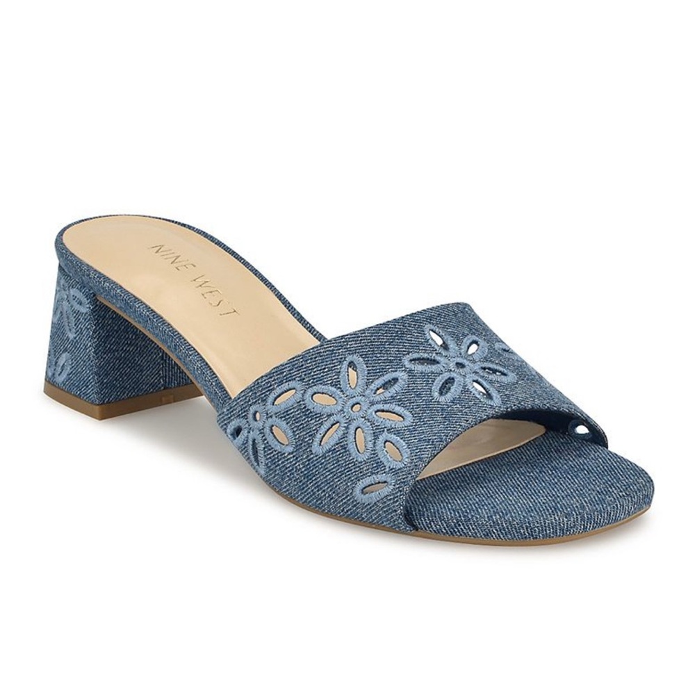 NINE WEST Denim Blue Lidey Eyelet Slide Block Heel Sandals Women's Size 11